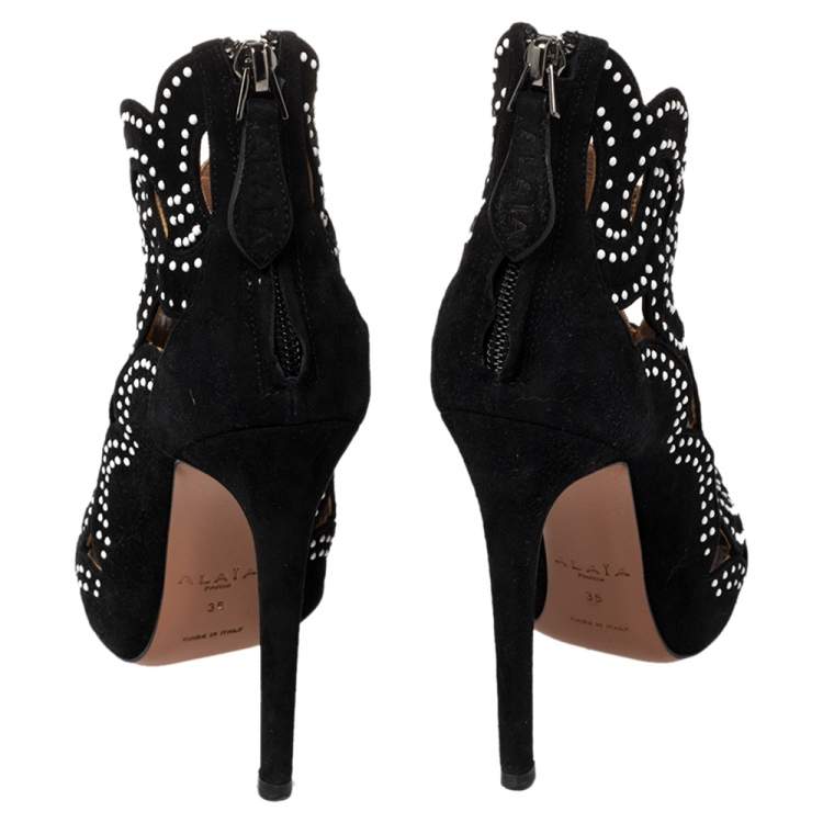 Pre Owned Alaia Black Suede Embellished Cutout Sandals Size 35