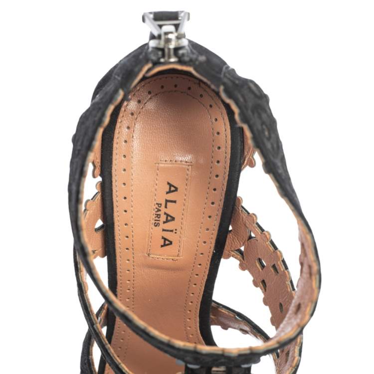 Pre Owned Alaia Black Laser Cut Suede Open Toe Caged Sandals Size 35
