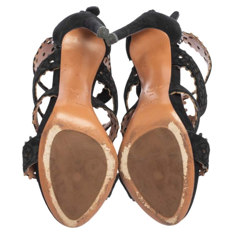 Pre Owned Alaia Black Laser Cut Suede Open Toe Caged Sandals Size 35