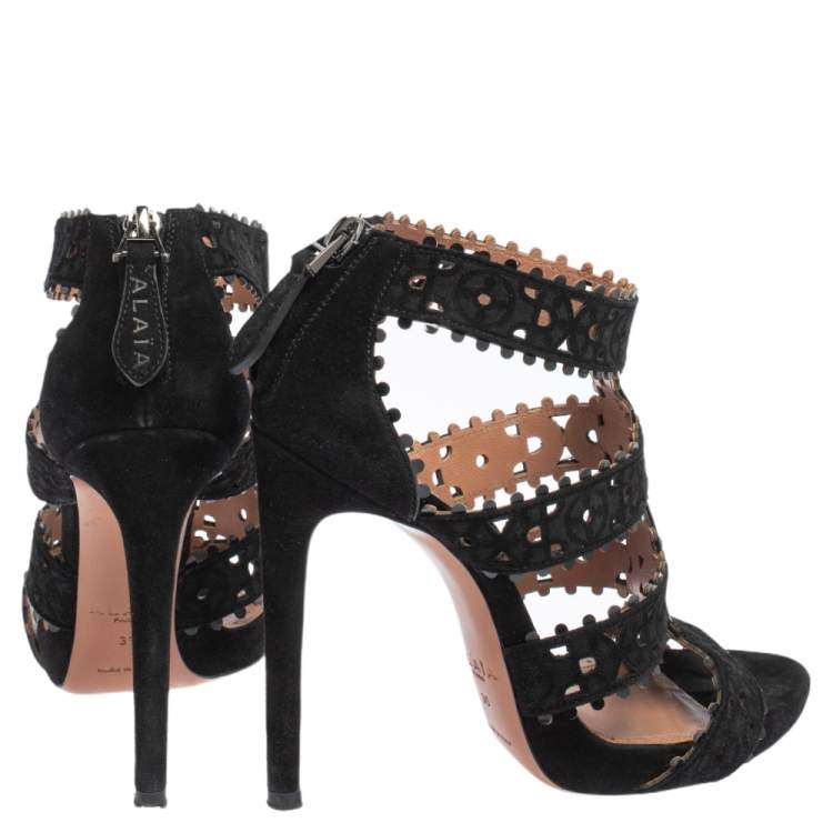 Pre Owned Alaia Black Laser Cut Suede Open Toe Caged Sandals Size 35