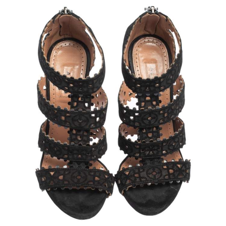 Pre Owned Alaia Black Laser Cut Suede Open Toe Caged Sandals Size 35