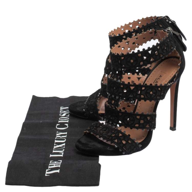 Pre Owned Alaia Black Laser Cut Suede Open Toe Caged Sandals Size 35