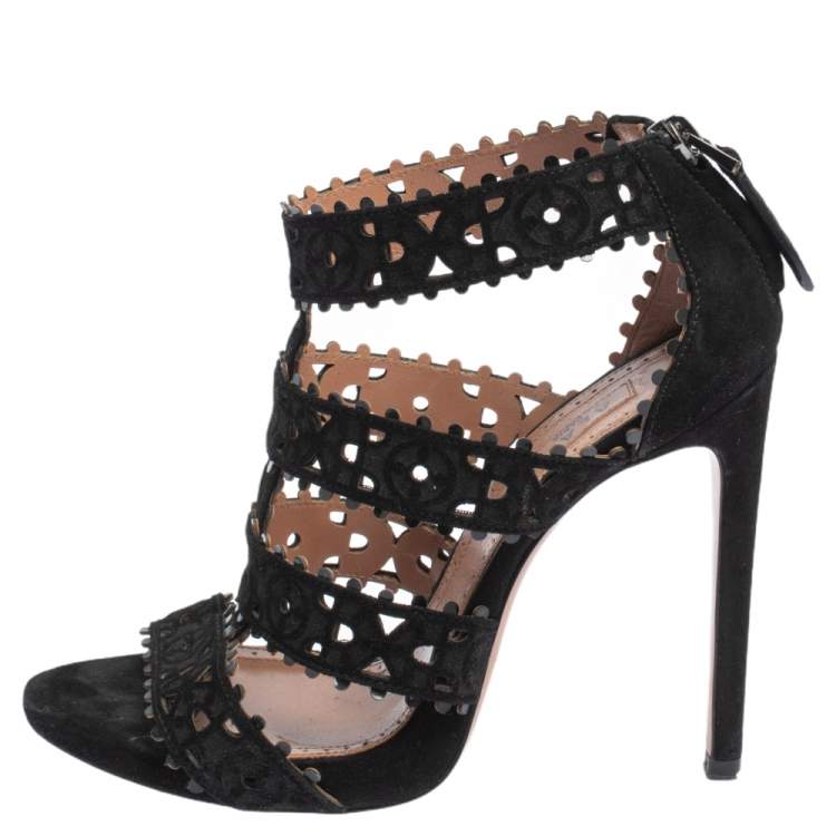 Pre Owned Alaia Black Laser Cut Suede Open Toe Caged Sandals Size 35
