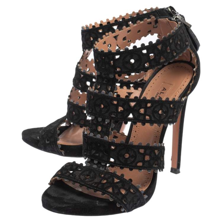 Pre Owned Alaia Black Laser Cut Suede Open Toe Caged Sandals Size 35
