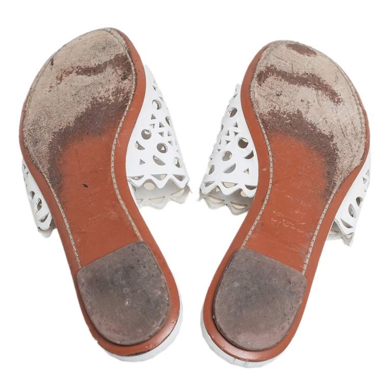 Pre Owned Alaia White Laser Cut Leather Slide Sandals Size 41