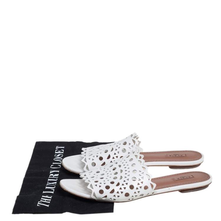Pre Owned Alaia White Laser Cut Leather Slide Sandals Size 41