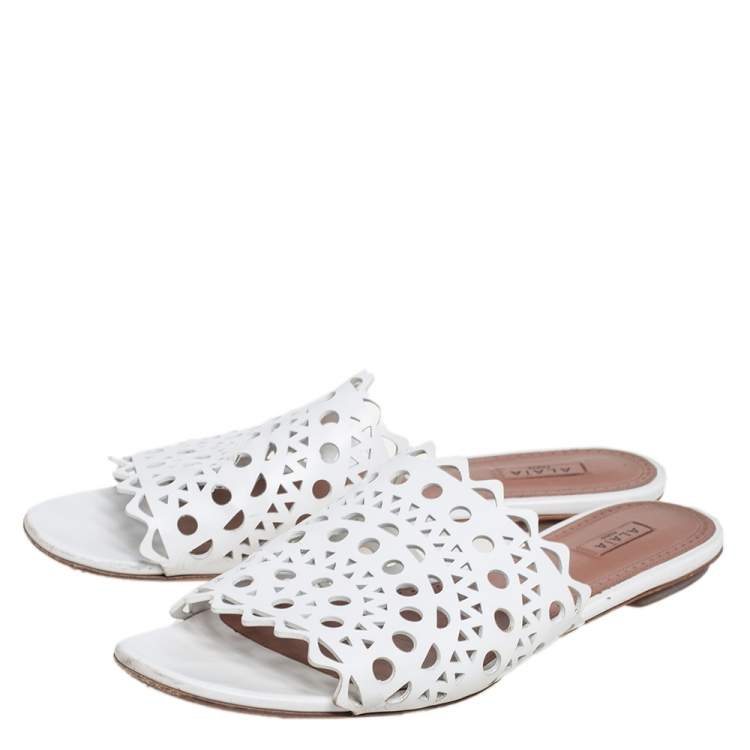 Pre Owned Alaia White Laser Cut Leather Slide Sandals Size 41