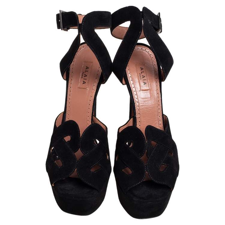 Pre Owned Alaia Black Suede Peep Toe Ankle Strap Platform Sandals Size 36