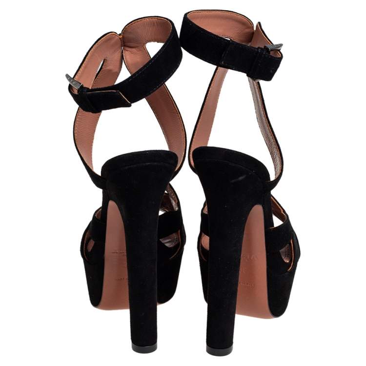 Pre Owned Alaia Black Suede Peep Toe Ankle Strap Platform Sandals Size 36