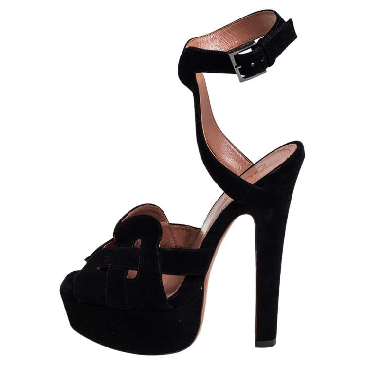 Pre Owned Alaia Black Suede Peep Toe Ankle Strap Platform Sandals Size 36