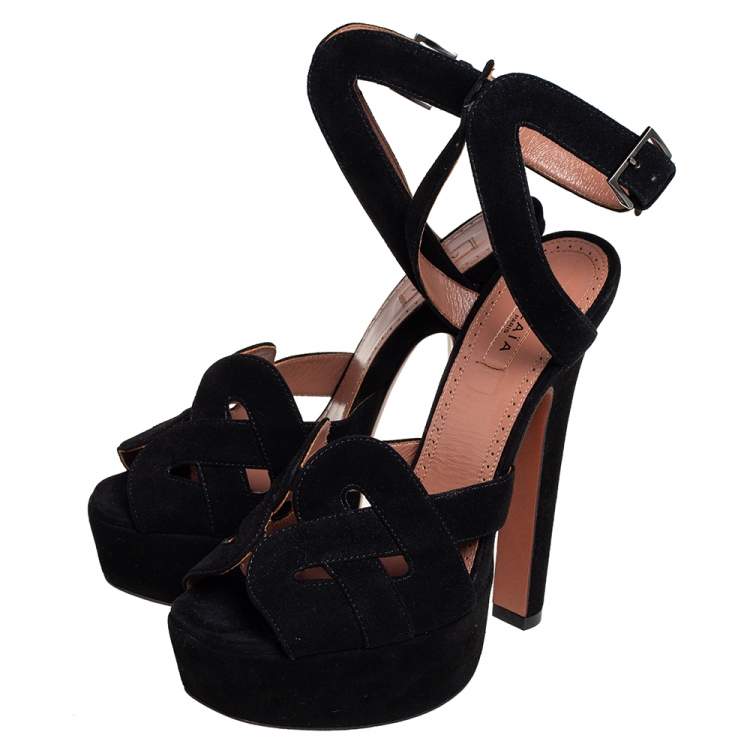 Pre Owned Alaia Black Suede Peep Toe Ankle Strap Platform Sandals Size 36