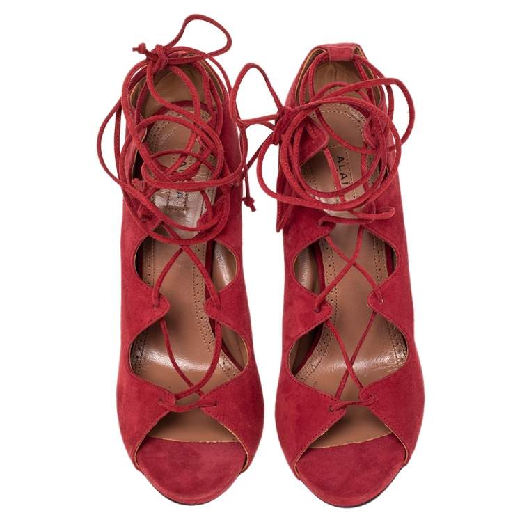 Pre Owned Alaia Red Suede Cut Out Peep Toe Ankle Wrap Sandals Size 39