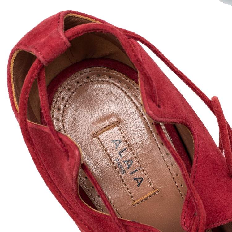 Pre Owned Alaia Red Suede Cut Out Peep Toe Ankle Wrap Sandals Size 39
