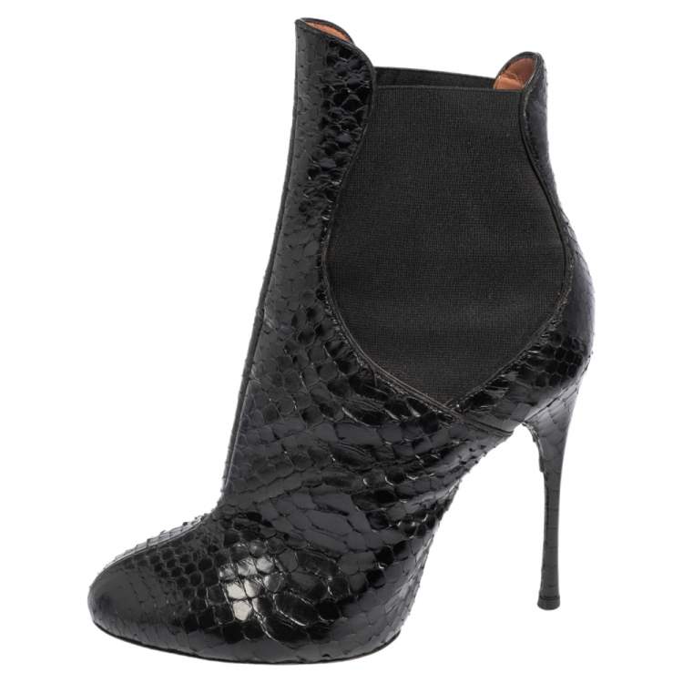 Pre Owned Alaia Black Python and Fabric Ankle Boots Size 38