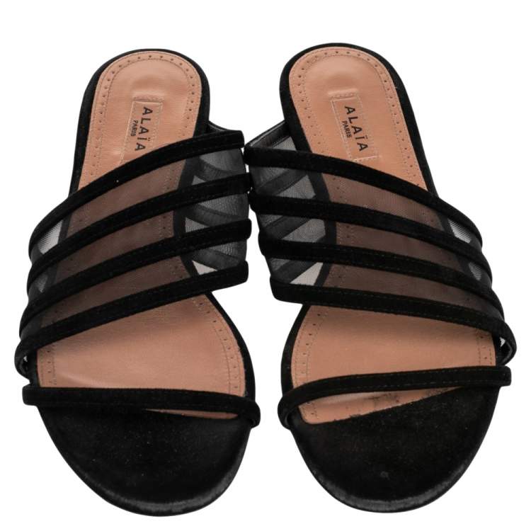 Pre Owned Alaia Black Suede And Net Slide Sandals Size 36
