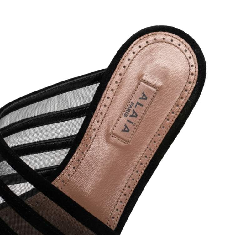 Pre Owned Alaia Black Suede And Net Slide Sandals Size 36
