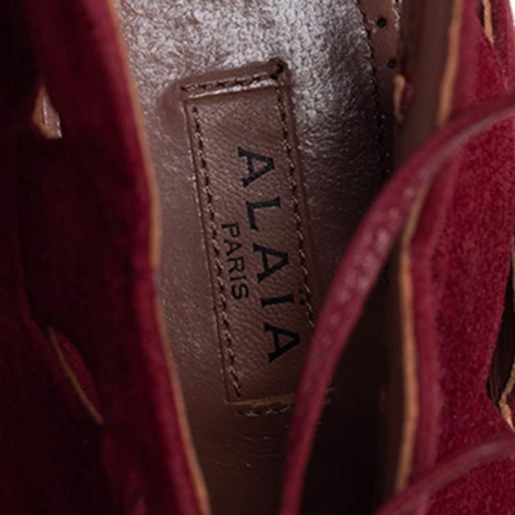 Pre Owned Alaia Red Cut Out Suede Lace Up Peep Toe Ankle Booties Size 38.5