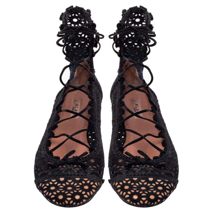 Pre Owned Alaia Black Suede Laser Cut Lace up Ballet Flats Size 38.5