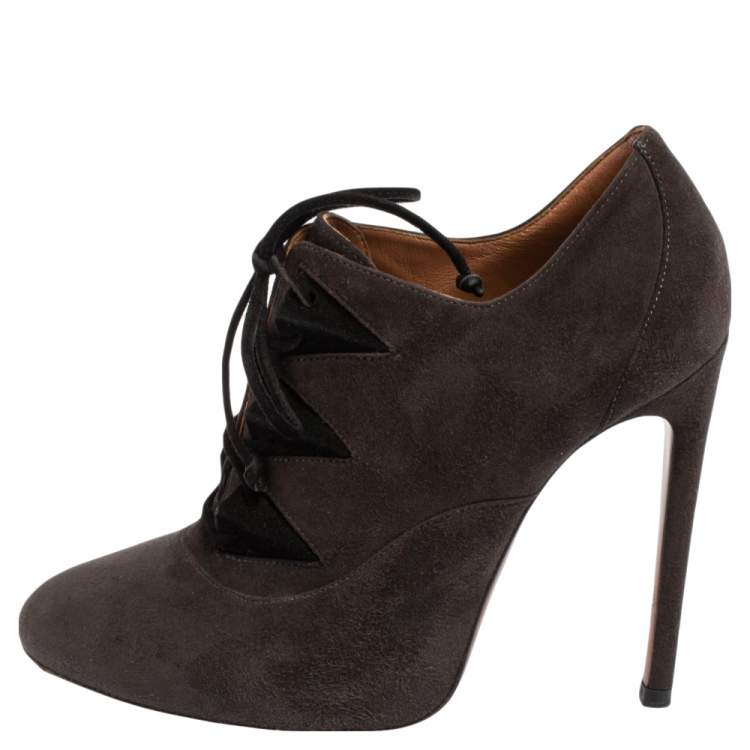 Pre Owned Alaia Dark Grey Suede Lace Up Booties Size 37