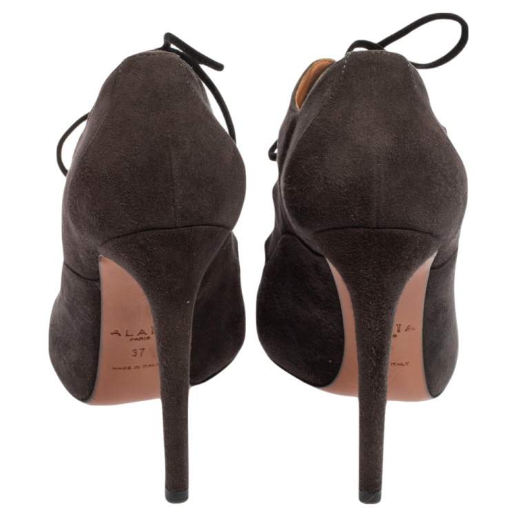 Pre Owned Alaia Dark Grey Suede Lace Up Booties Size 37