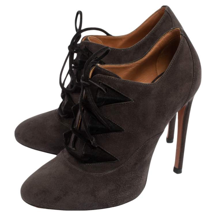 Pre Owned Alaia Dark Grey Suede Lace Up Booties Size 37