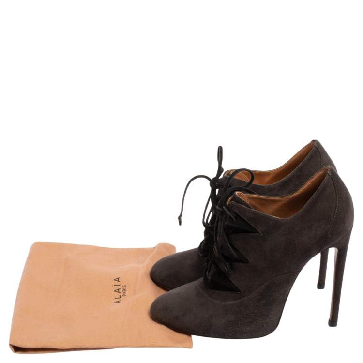 Pre Owned Alaia Dark Grey Suede Lace Up Booties Size 37