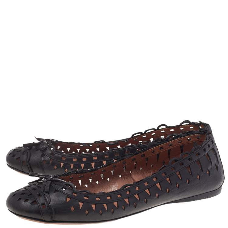 Pre Owned Alaia Black Leather Laser Cut Bow Ballet Flats Size 36.5
