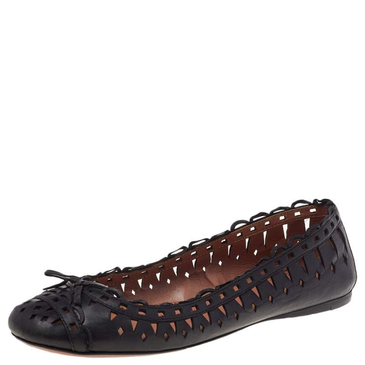 Pre Owned Alaia Black Leather Laser Cut Bow Ballet Flats Size 36.5