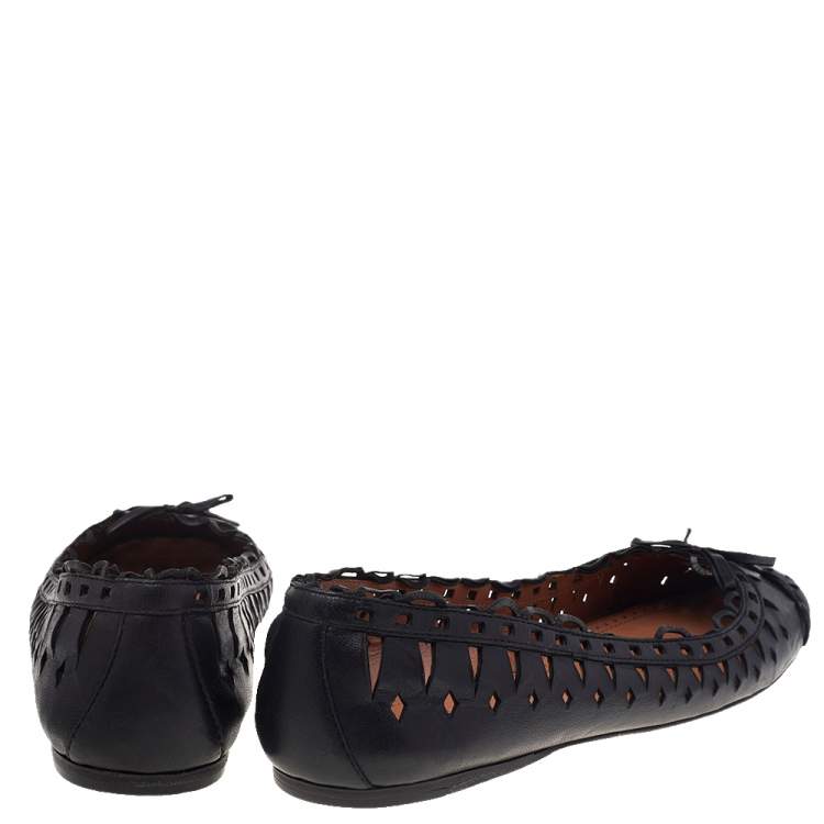 Pre Owned Alaia Black Leather Laser Cut Bow Ballet Flats Size 36.5