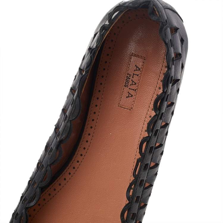 Pre Owned Alaia Black Leather Laser Cut Bow Ballet Flats Size 36.5