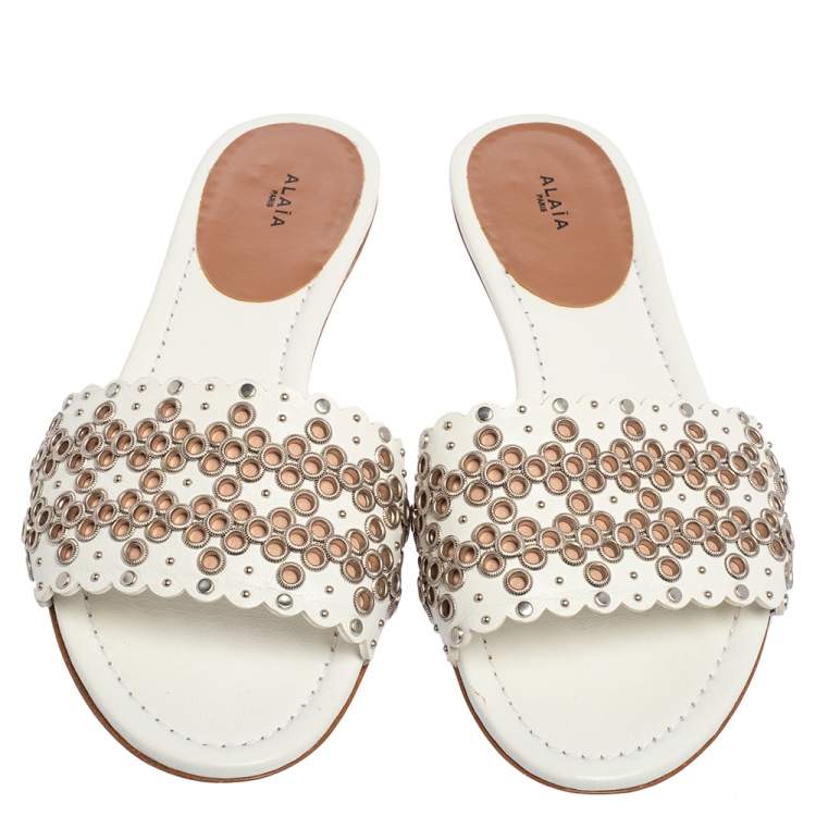 Pre Owned Alaia Off White Leather  Braided Eyelet Sandals Size 38