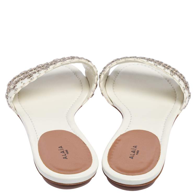 Pre Owned Alaia Off White Leather  Braided Eyelet Sandals Size 38