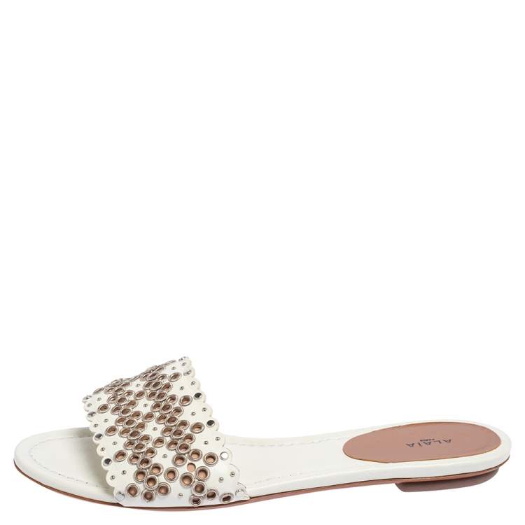 Pre Owned Alaia Off White Leather  Braided Eyelet Sandals Size 38
