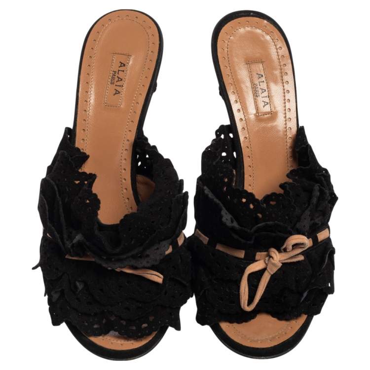 Pre Owned Alaia Black/Beige Suede Slip On  Sandals Size 37