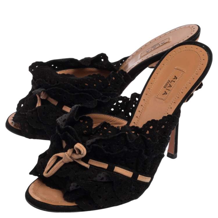 Pre Owned Alaia Black/Beige Suede Slip On  Sandals Size 37