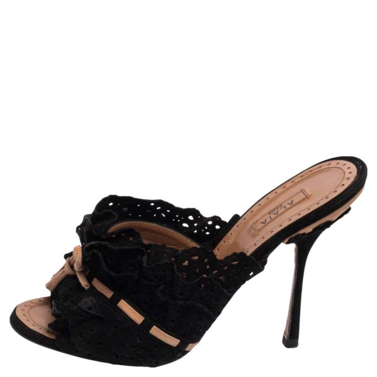 Pre Owned Alaia Black/Beige Suede Slip On  Sandals Size 37