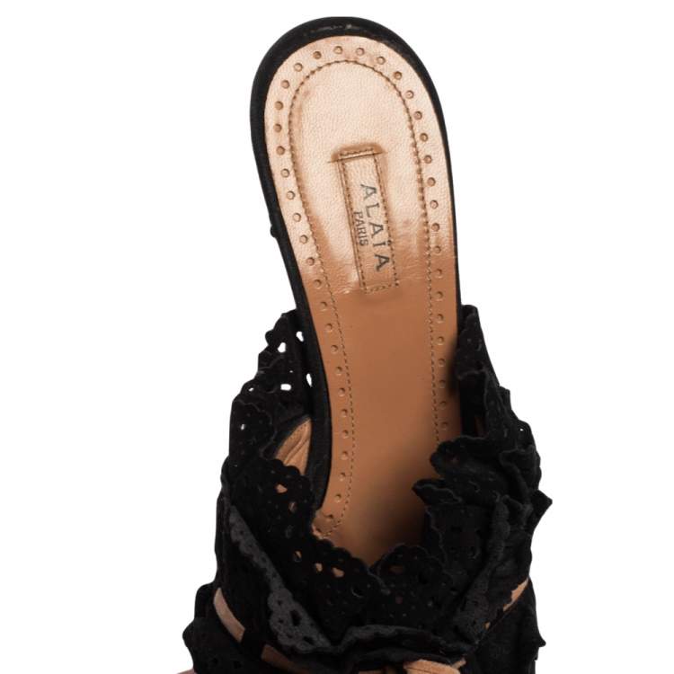 Pre Owned Alaia Black/Beige Suede Slip On  Sandals Size 37