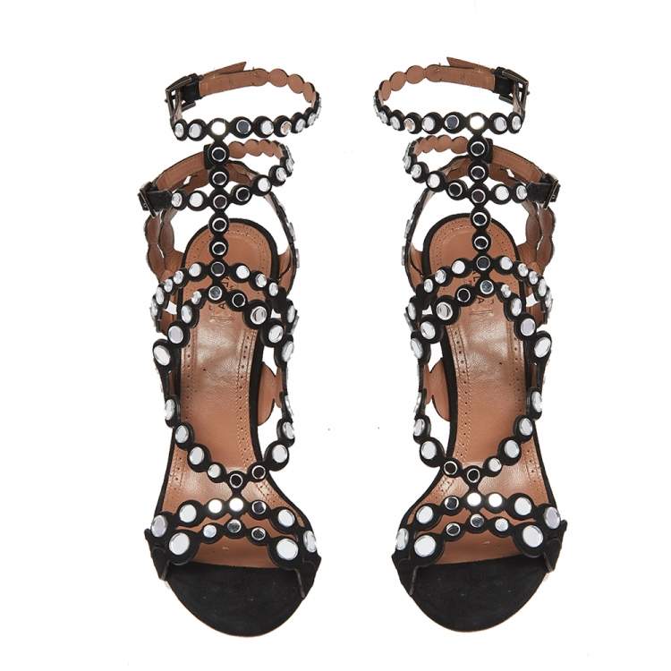 Pre Owned Alaia Black Mirror Embellished Suede Strappy Sandals Size 41