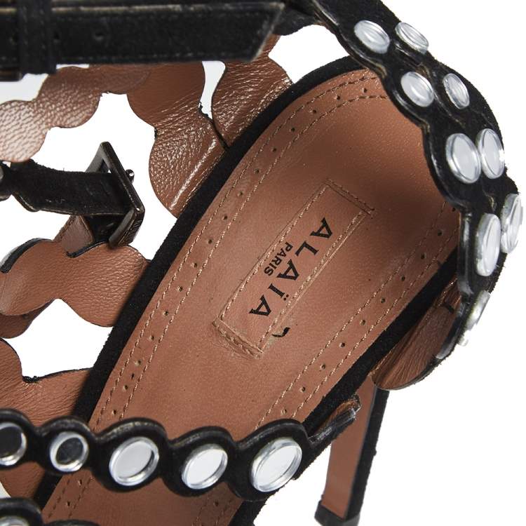 Pre Owned Alaia Black Mirror Embellished Suede Strappy Sandals Size 41