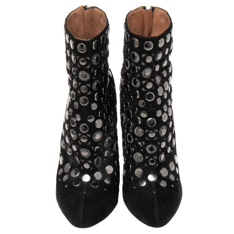 Pre Owned Alaia Black Suede Stud Embellished Ankle Boots Size 40.5