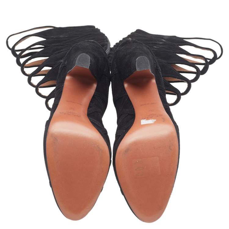 مملوكة مسبقًا Alaia Black Suede Gladiators Knee Length Boots Size 37
