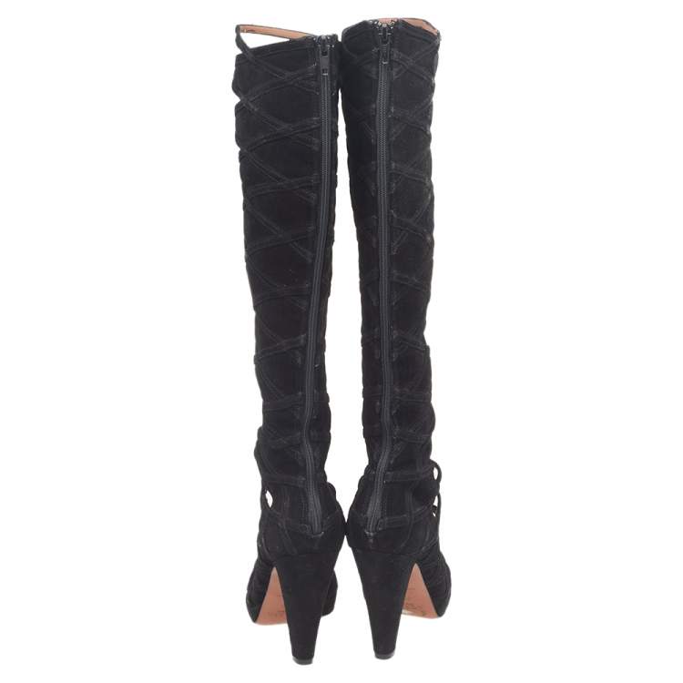 مملوكة مسبقًا Alaia Black Suede Gladiators Knee Length Boots Size 37