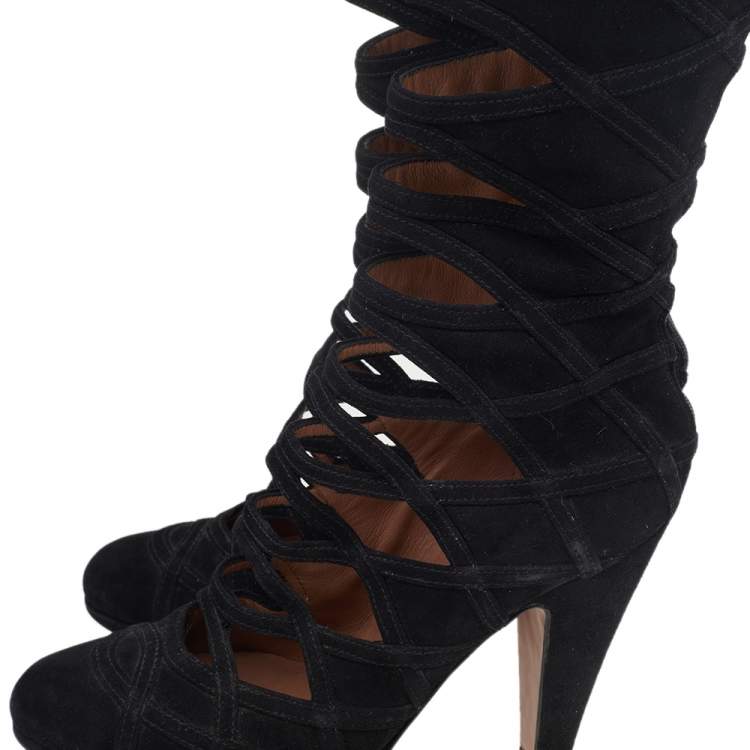 مملوكة مسبقًا Alaia Black Suede Gladiators Knee Length Boots Size 37