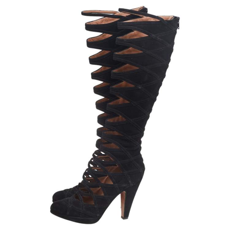 مملوكة مسبقًا Alaia Black Suede Gladiators Knee Length Boots Size 37