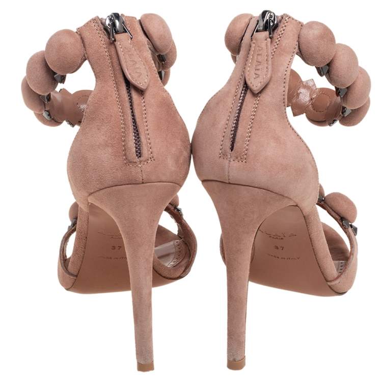 Pre Owned Alaia Beige Suede Bombe Ankle Strap Sandals Size 37