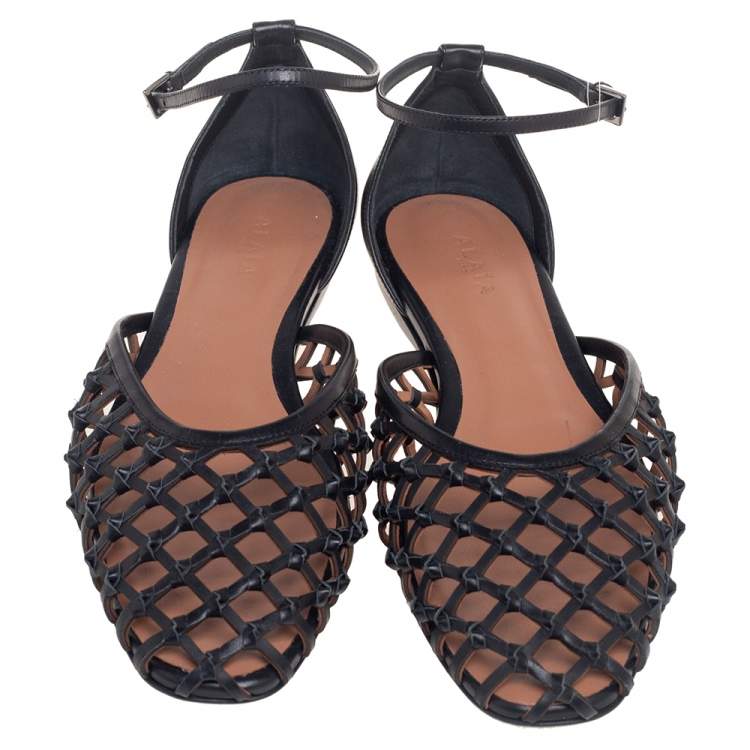Pre Owned Alaia  Black Net Leather Ankle-Strap Ballerina Flats Size 40