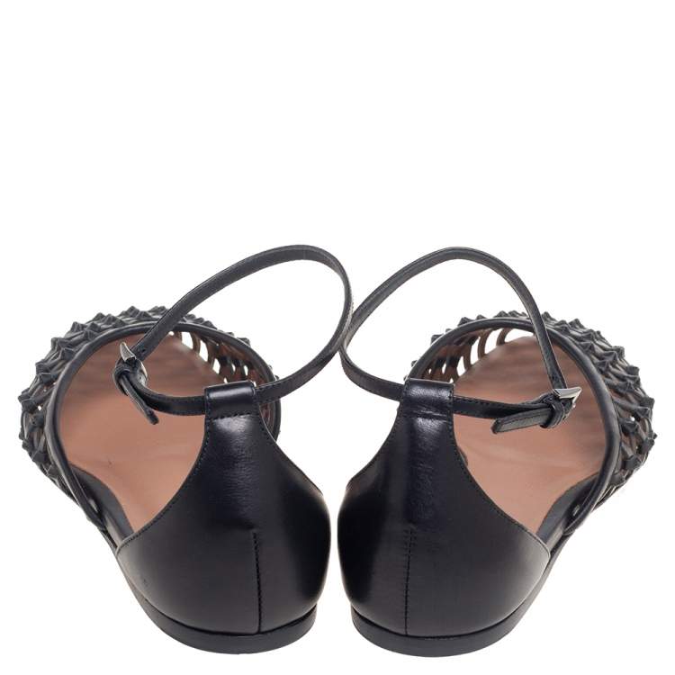 Pre Owned Alaia  Black Net Leather Ankle-Strap Ballerina Flats Size 40