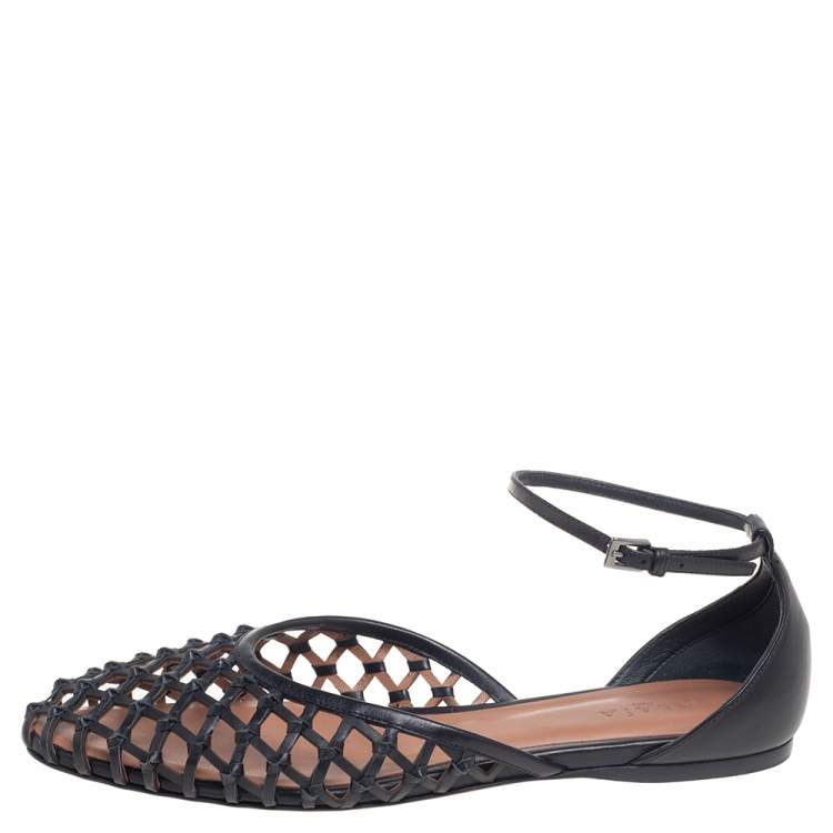 Pre Owned Alaia  Black Net Leather Ankle-Strap Ballerina Flats Size 40