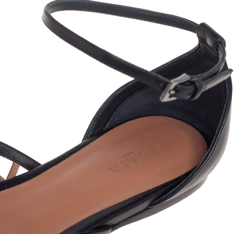 Pre Owned Alaia  Black Net Leather Ankle-Strap Ballerina Flats Size 40