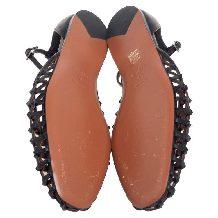 Pre Owned Alaia  Black Net Leather Ankle-Strap Ballerina Flats Size 40
